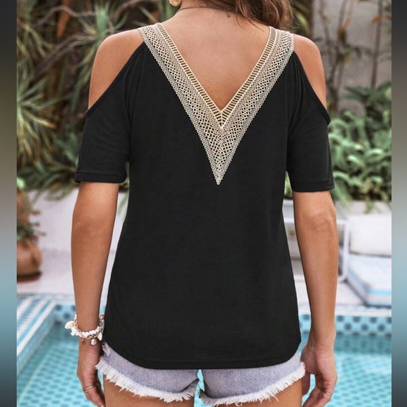 Classic Elegant Boho Sheer Mesh Lace Cold Shoulder Tee T Shirt Blouse Top - Picture 8 of 11